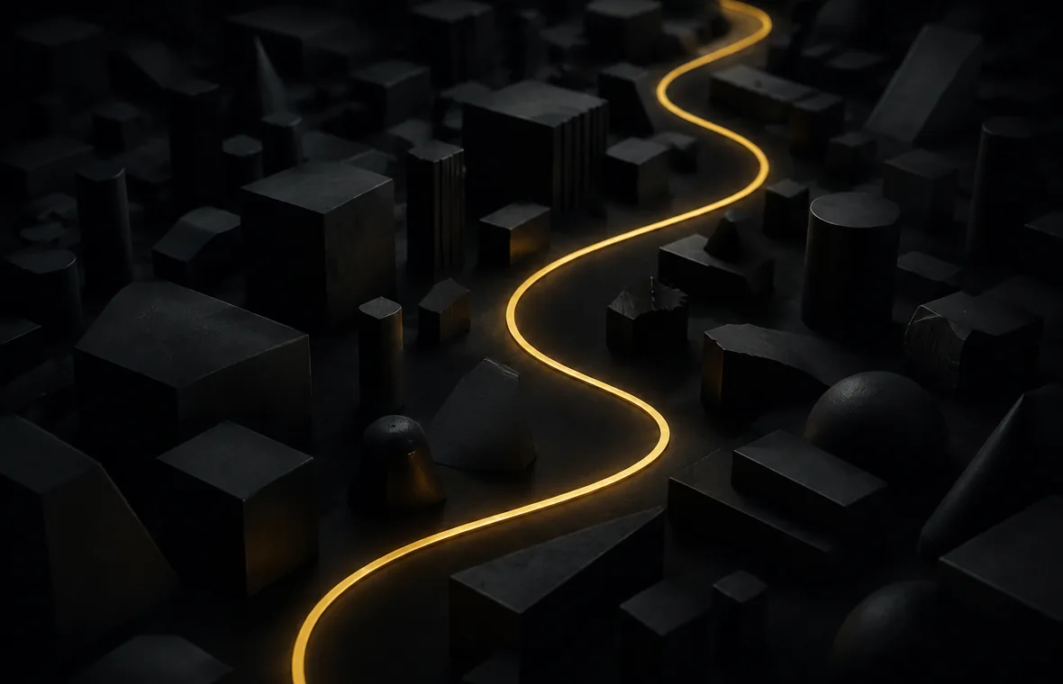 Un chemin de lumiere traverse un champ de formes eteintes.